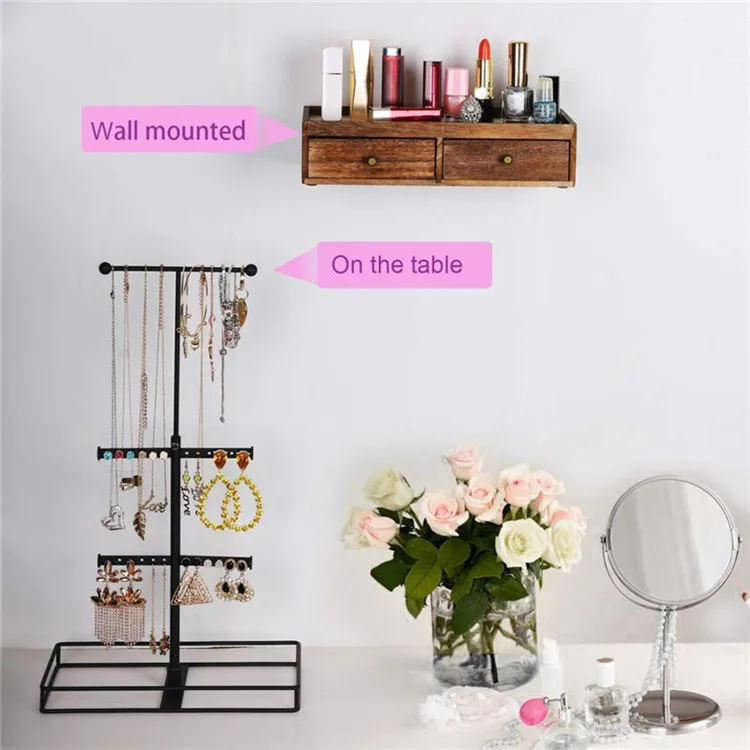 PHOTA Metal Jewelry Organizer With Wooden Storage Box For Necklaces Bracelet Earrings Ring