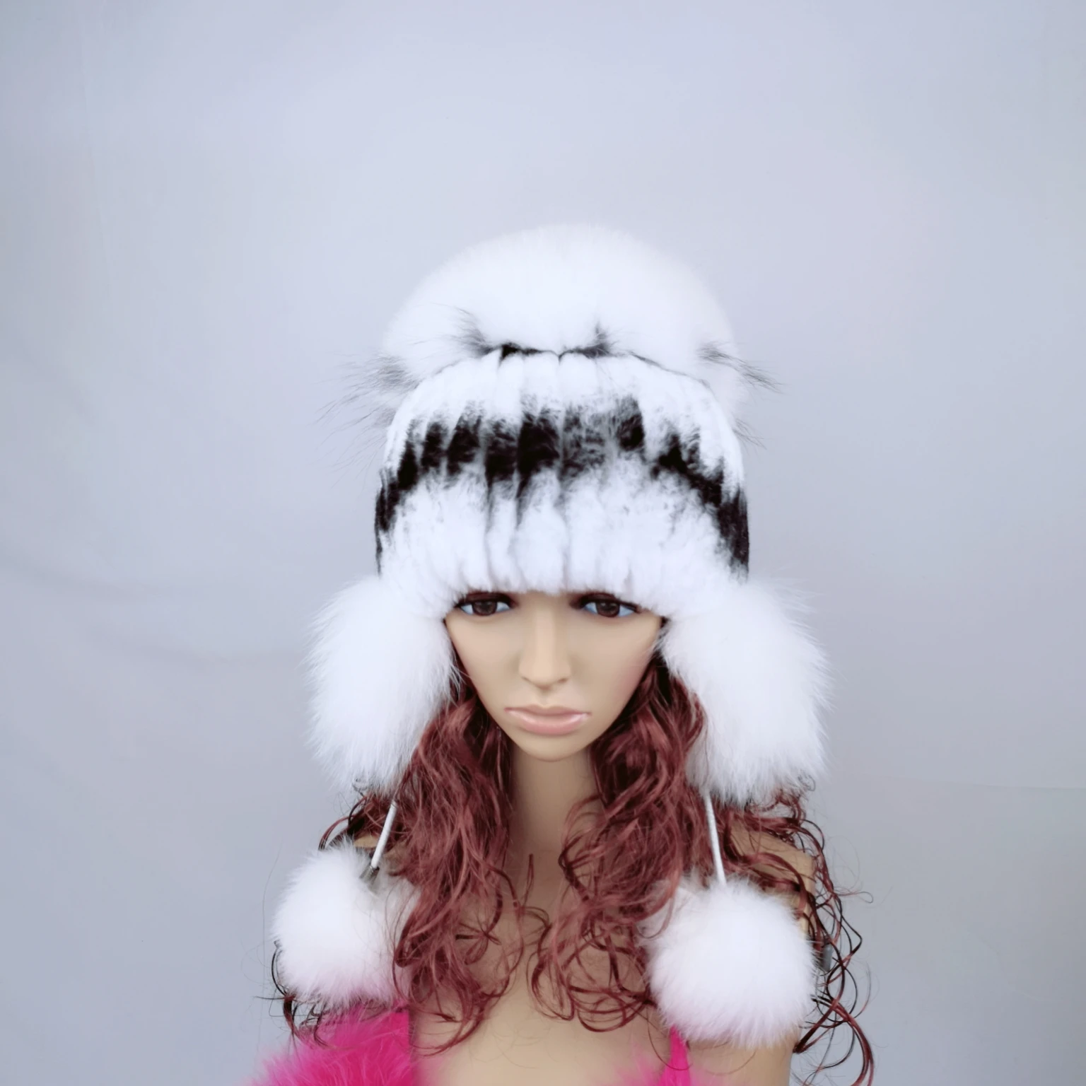 Women Winter Rex Rabbit Fur Hat Real Knitted Silver Fox Fur Caps Female Russian Warm Beanies Hat 4411