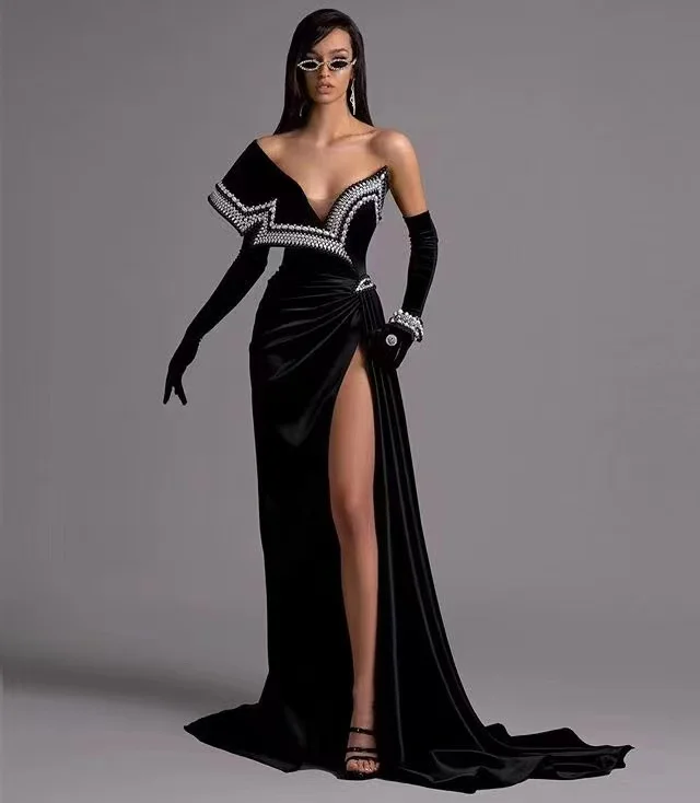 ED2023 Wear Dress Evening Dress Split Pearl Natural Woven Wholesale 2024 Long Party One Shoulder Velvet Women Black 1 Piece