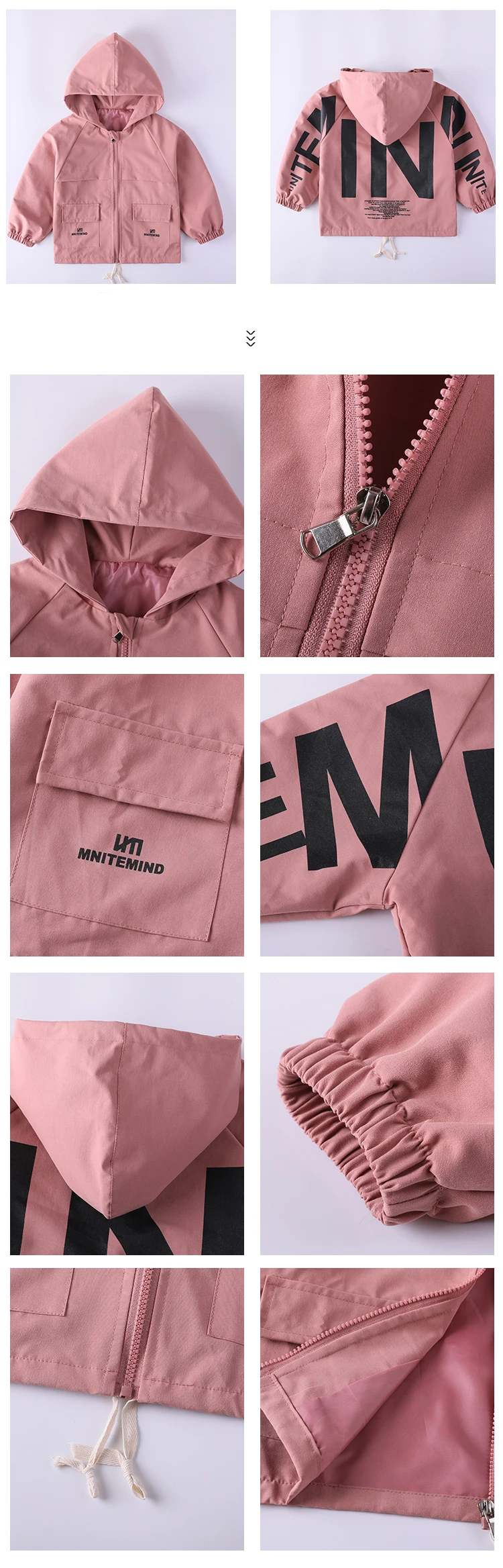 High quality boutique fashion design boys jacket 100%polyester printed hooded pink kids windbreaker jacket