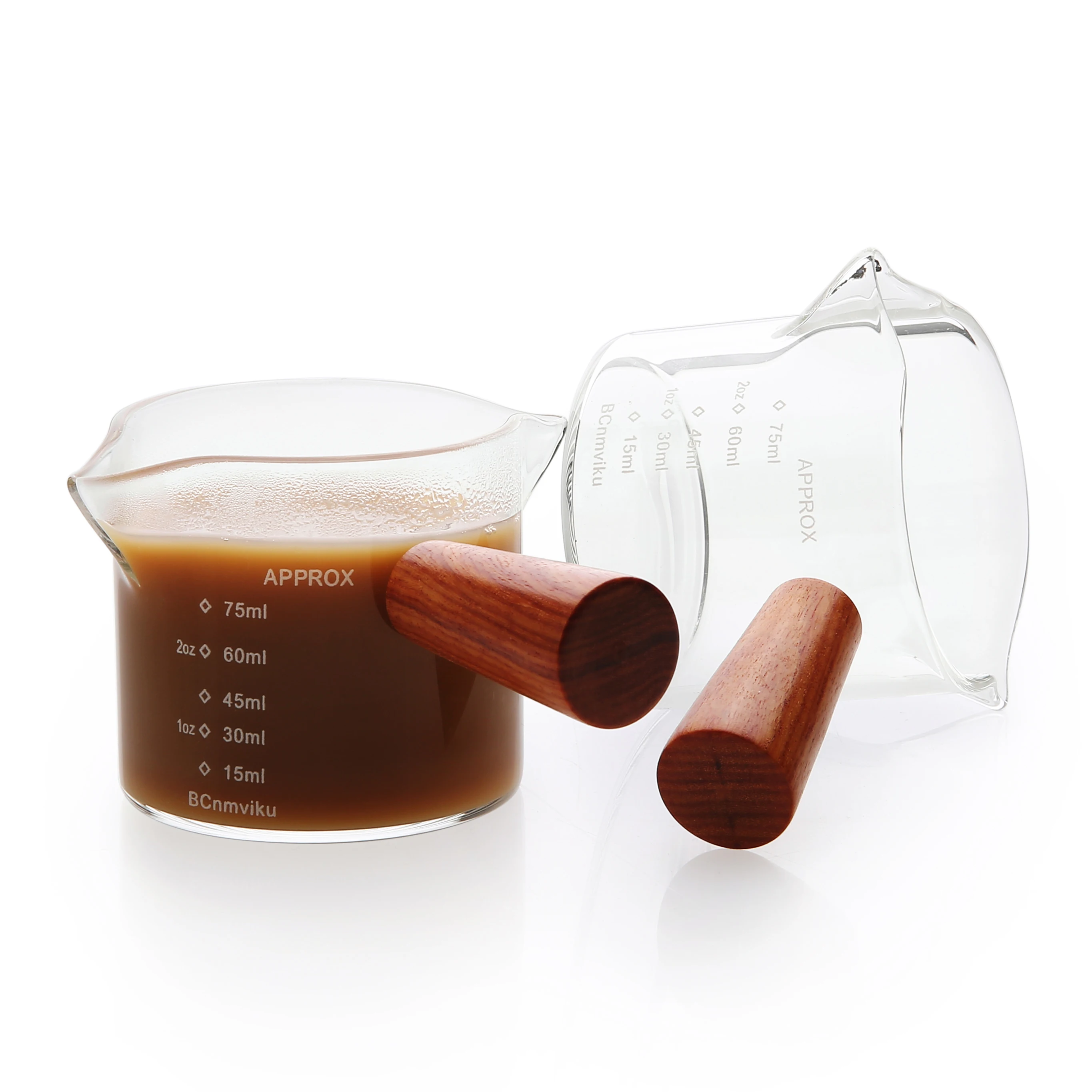 Double Spouts Measuring Triple Pitcher Milk Cup With Wood Handle 75ml Espresso Shot Glasses 0470