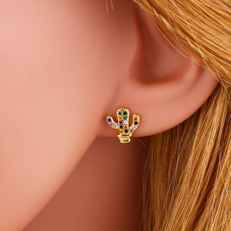 Popular 18k gold plated cz charm earrings colorful cactus eye rainbow jewelry earrings for women