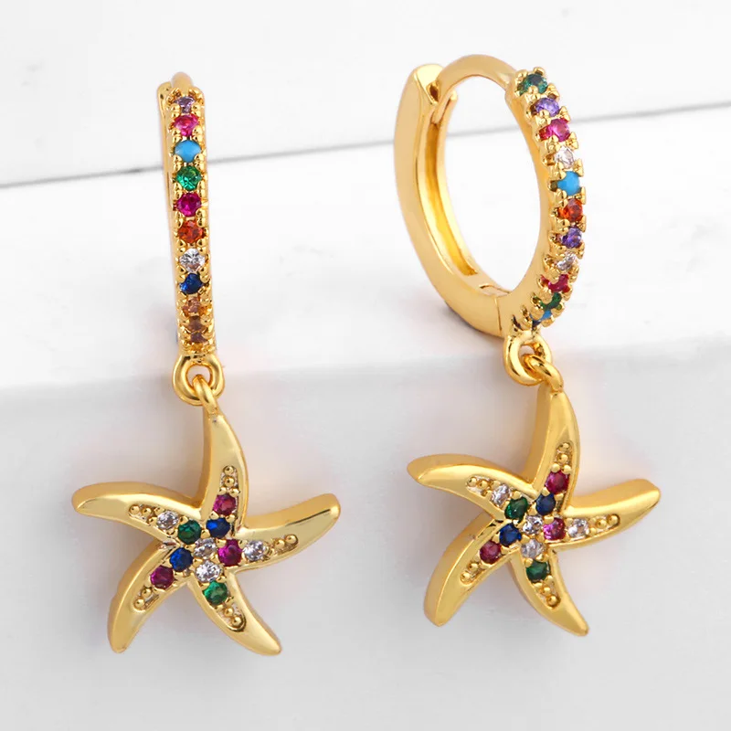 High quality colorful zircon hoop earrings jewelry 18k gold plated conch starfish earrings