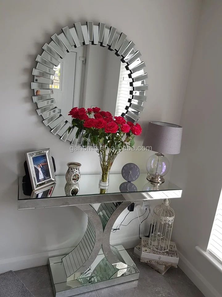 Living Room Mirrored Furniture Bevelled Console Table With Wall Mirror