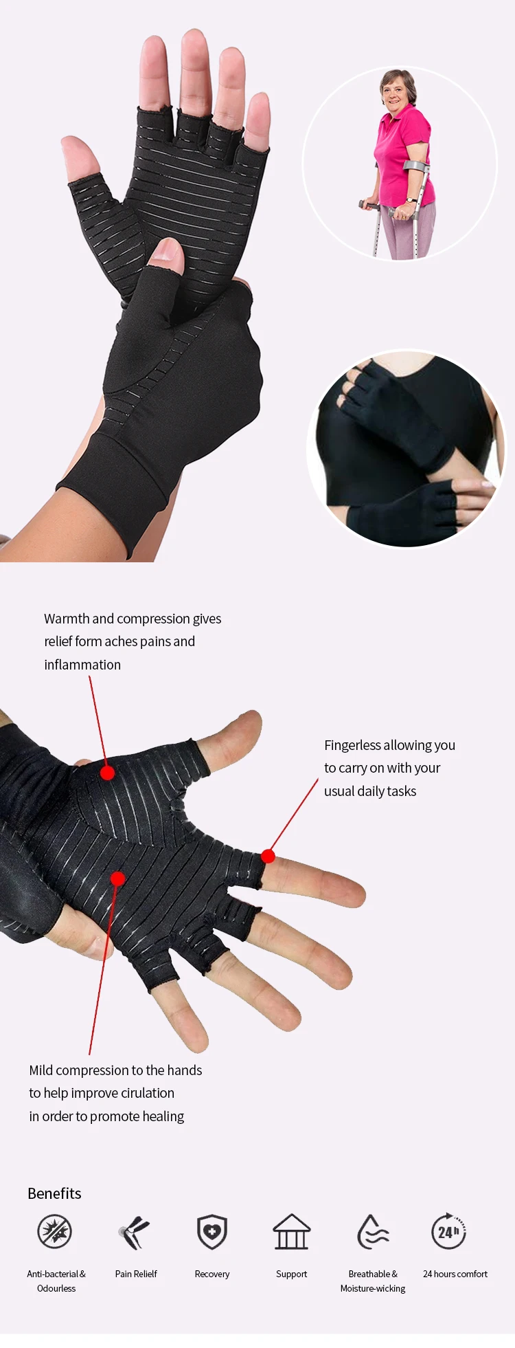 copper compression anti arthritis half hand gloves