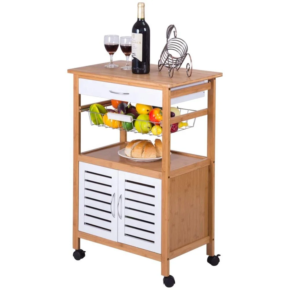 
Kitchen Cart Rolling Trolley Cart Island Bamboo Top with Storage Drawer Basket Cabinet Truck Kitchen 