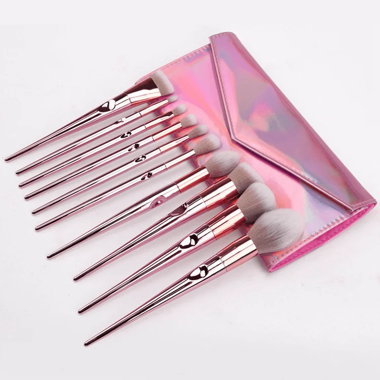 Wholesales 10 Pcs Rose Gold Laser Luxury Vegan Pink Professional Wood Custom Private Label Makeupbrush Makeup Brush Bag Set