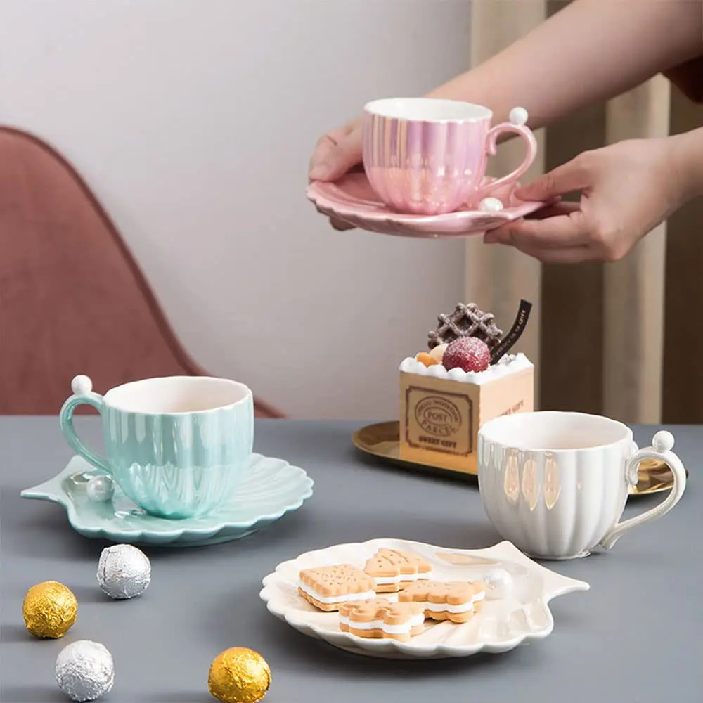 Elegant Mug Unique Pearl Shells Shapes Exquisite Coffee Cup and Saucer Set Ceramic Porcelain Tea Cup and Saucer 240ml supplier