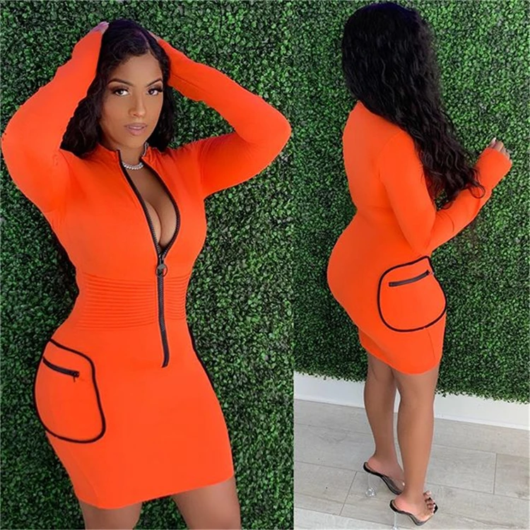 Wholesale Fashion Zipper V Neck Sexy Stretchy Women Clothing Ladies Clothes Casual Dress Women Dresses