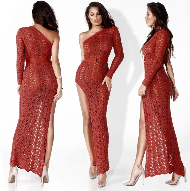 Popular style open-shouldered hollowed-out dress sexy dress women high-forked knitted beach dress for women