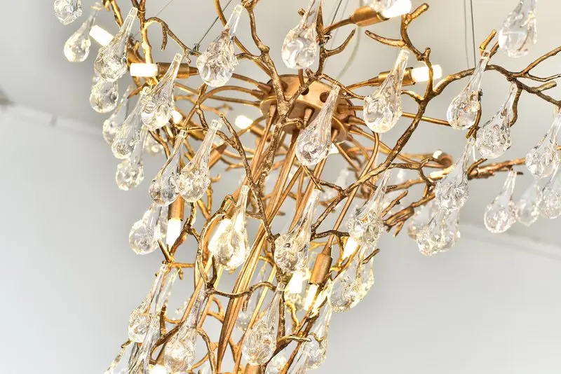 MEEROSEE Modern Hotel Large Tree Branch Chandelier Brass Hanging Light Fixture Crystal Long Chandelier for High Ceiling MD87001