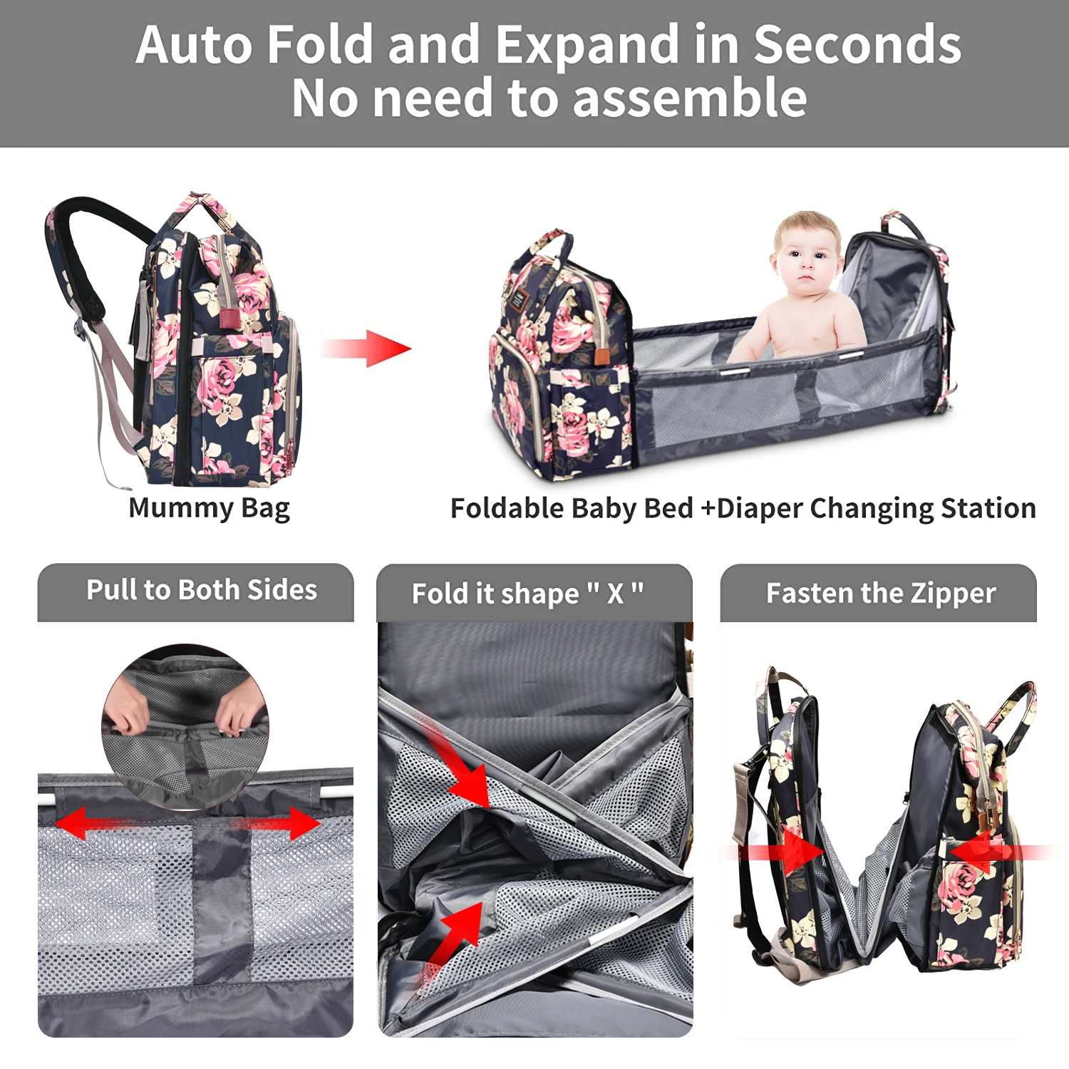 Multifunctional Foldable Convertible Diaper Bag Backpack With