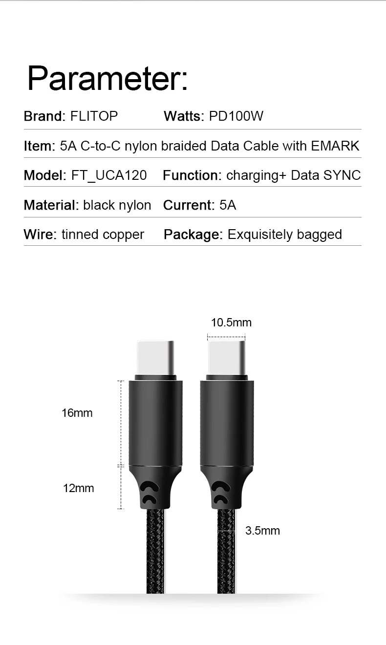 1000mm 3.3ft Nylon Braided and Alloy shell Case USB Type C 3ft 5A Fast Charging Cable built in emark chip - ANKUX.COM