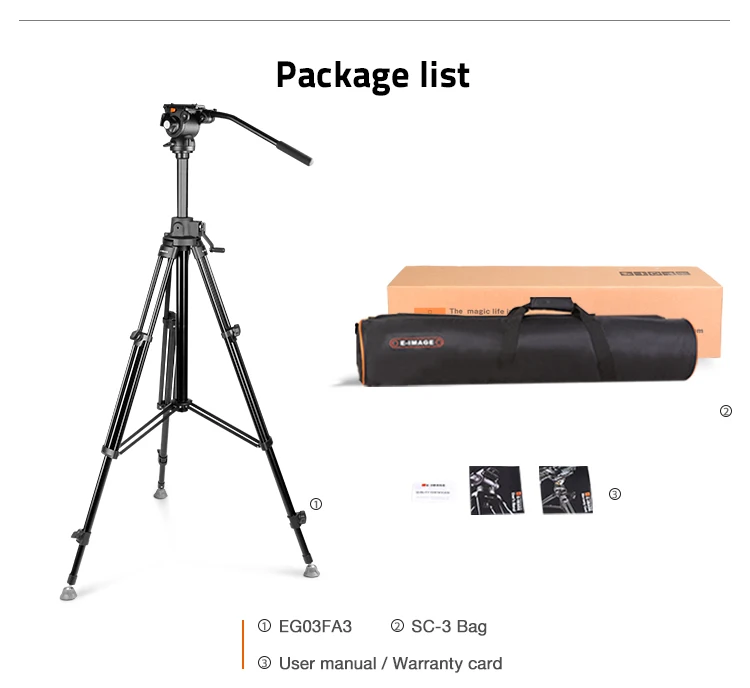 -E-IMAGE GA230 EG03FA3 EG04FA3 aluminum geared video tripod with fluid damping h
