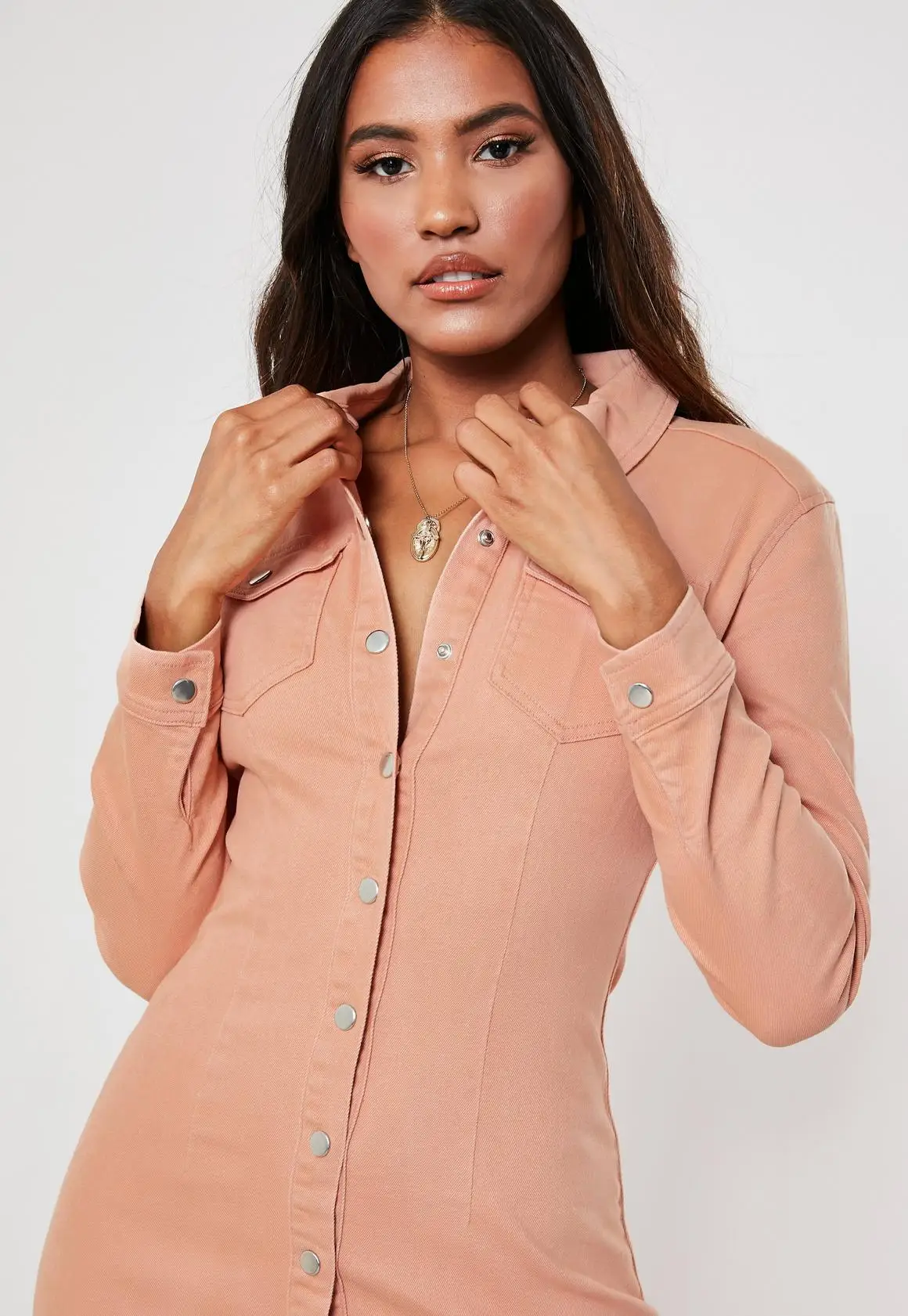 Wholesale Women Petite Pink Button Through Cotton Spandex Slim Fitted