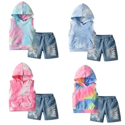 Hot Amazon children tie dyed shirts and short ripped jeans kids summer clothes baby girls