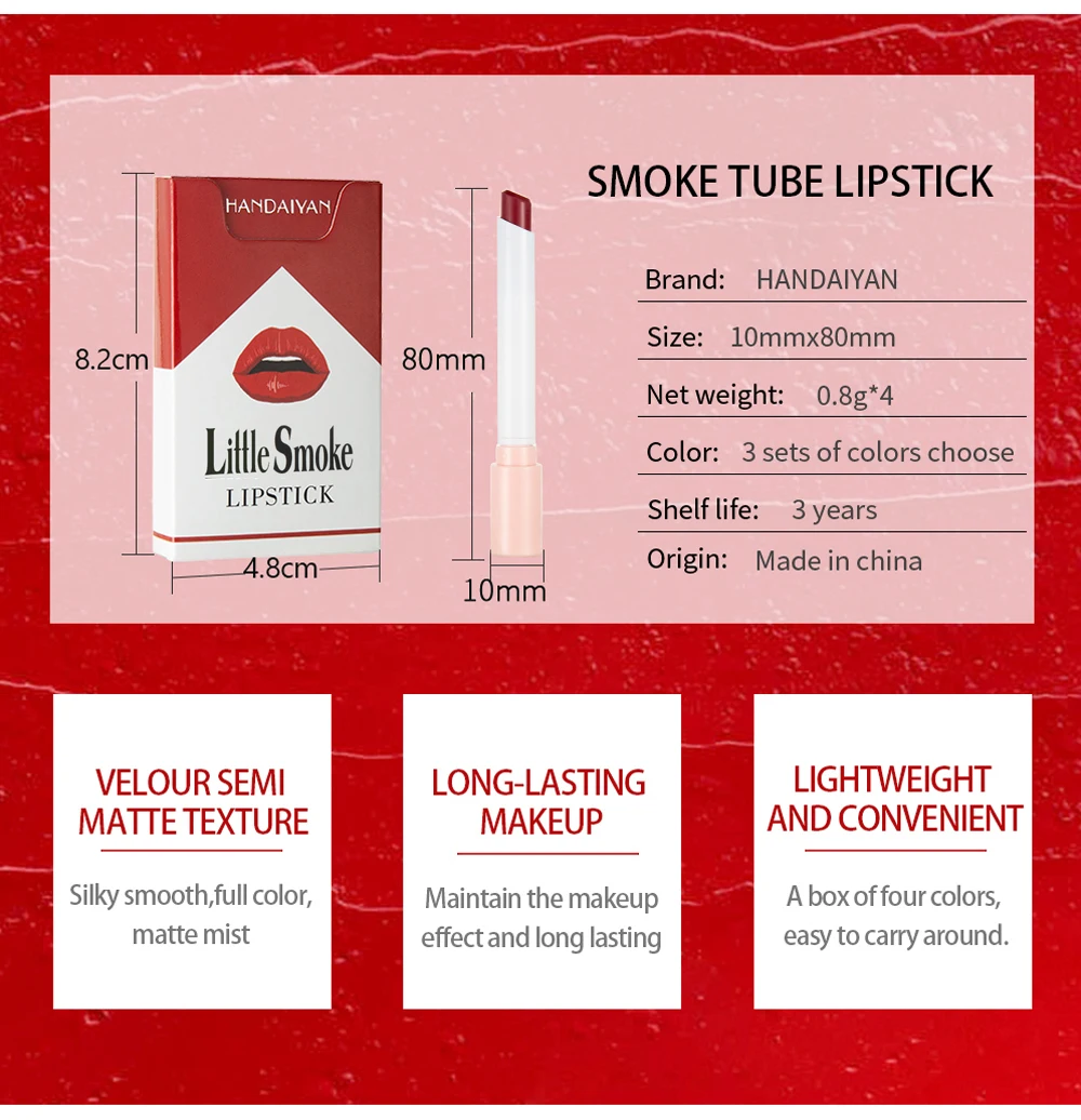 HANDAIYAN 4-Farben-Zigaretten-Lippenstift-Set, wasserdicht, langlebig, seidig glatt, matt, Nebel-Lippenstifte, Tube, Beauty-Tools