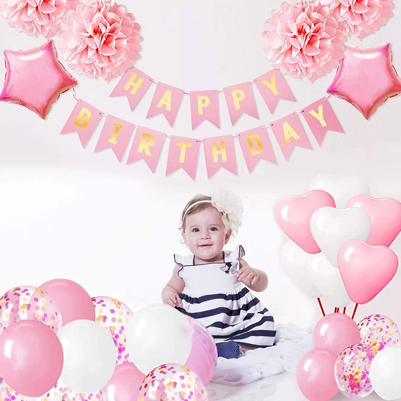 Birthday Decorations Girls, Happy Birthday Bunting Banner Balloons Set with Tissue Paper Pompoms and Pink Balloons