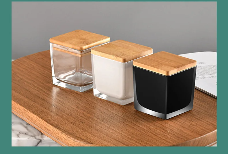 product luxurious empty square glass candle jars with wood lid printed for decorative use-12