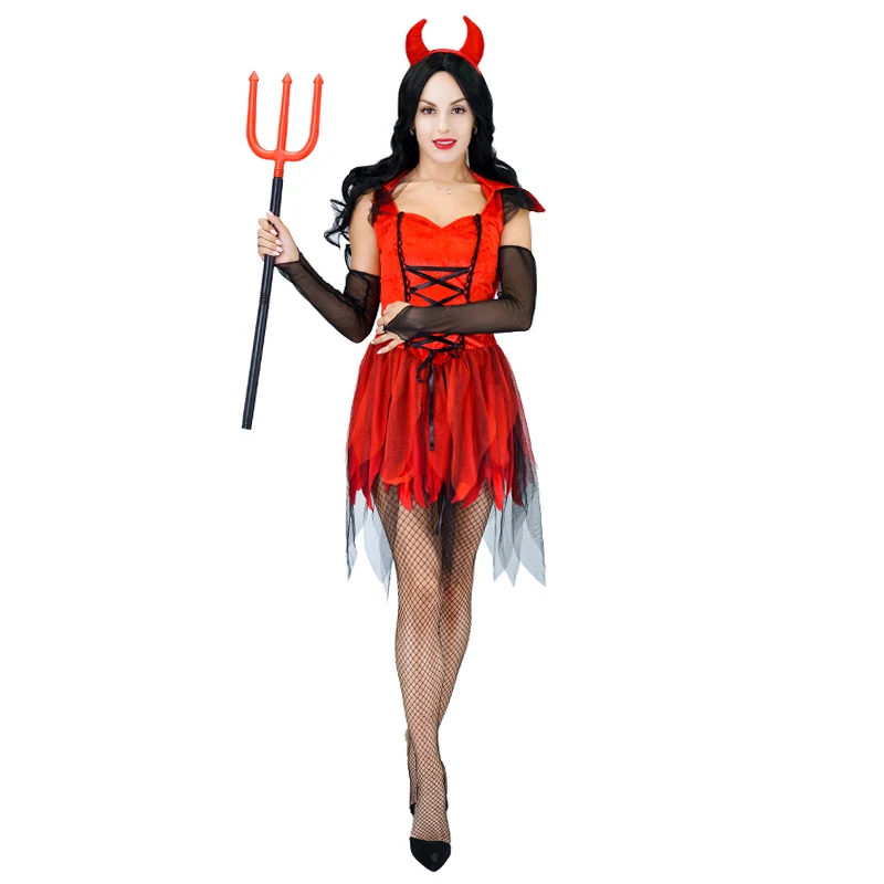 Women Red Devil Dress With Horn Halloween Party Cosplay Beautiful Devil ...