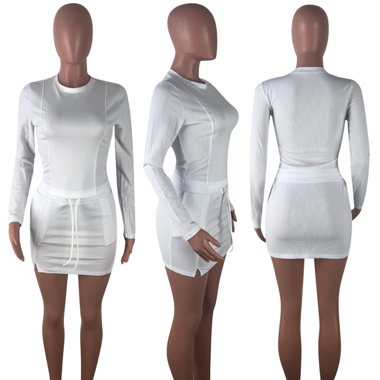 hot sale long sleeve tops mini skirt two piece sets pretty women clothing