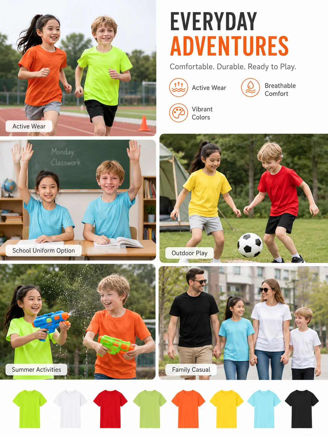 Kids Quick Dry T-Shirt Lightweight Breathable School Sports Outdoor Tee Custom Color OEM