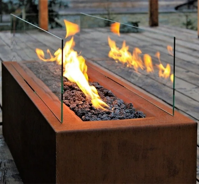 Luxury Garden Set Rusty Corten Gas Fire Table With Glass Protector