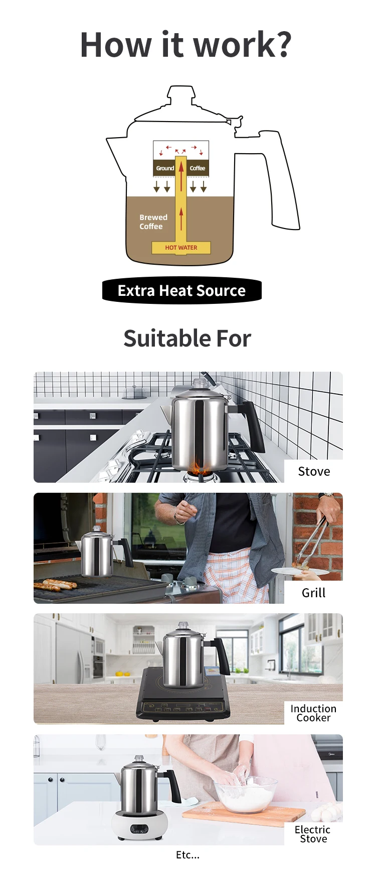 stainless steel stove up stovetop induction fda certification grade espresso moka pot coffee maker