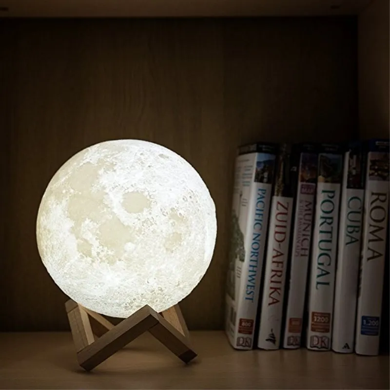 Moon Lamp Rechargeable 3D Moon Light Lamp Touch Control with Wooden Stand Lunar Night Light for Kids