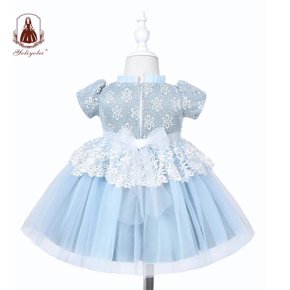 Summer Girls Children Embroidered Cotton Sky Blue Aline Lace Layered
