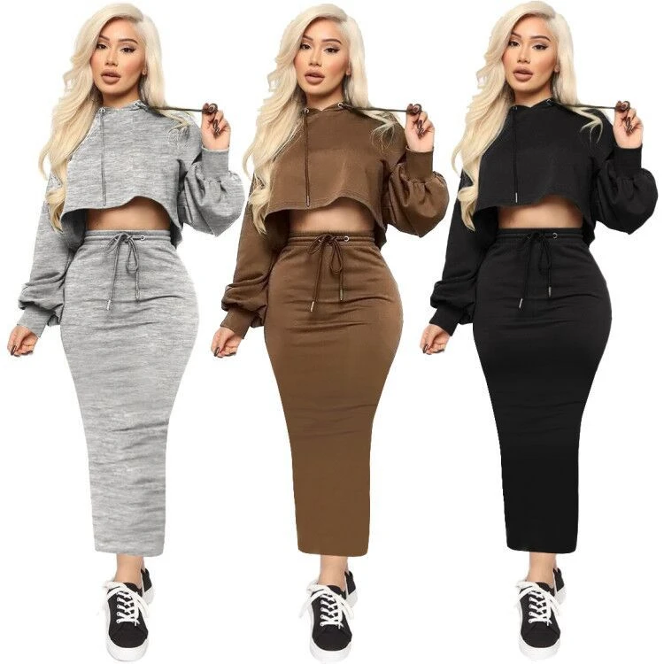 New Style Good Quality Solid Color Crop Top Bodycon 2 Piece Skirt And Top Set Two Piece Set Women Clothing