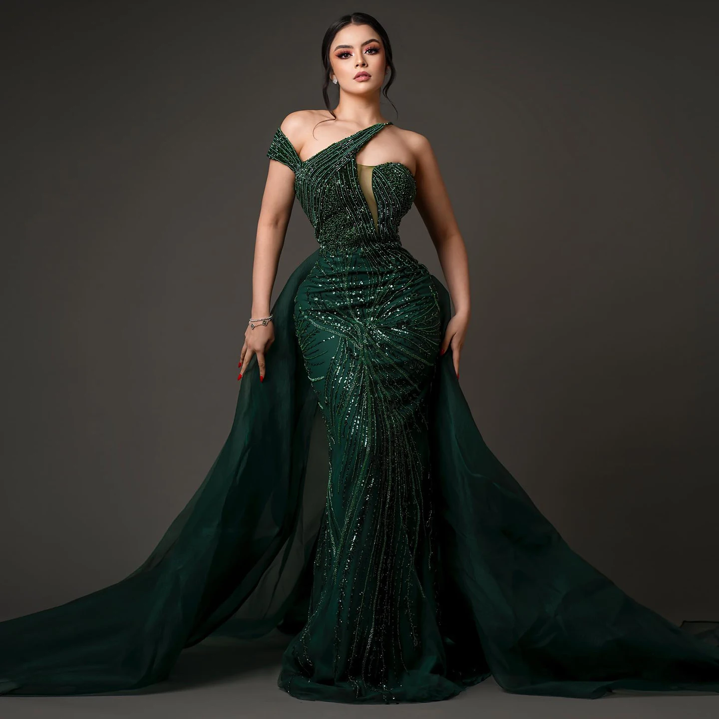 Sharon Said SS128 Luxury Emerald Green Evening Dress with Overskirt One  Shoulder Women Wedding Party Prom Formal Gown| Alibaba.com