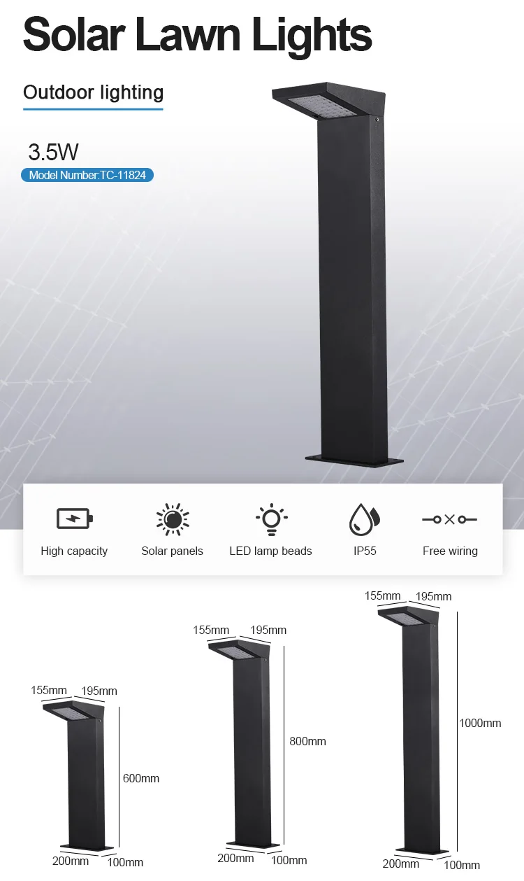 Novel Design Monocrystalline Silicon Solar Panel 3W Aluminum Bollard Lawn Pathway Line Garden Outdoor Solar Light