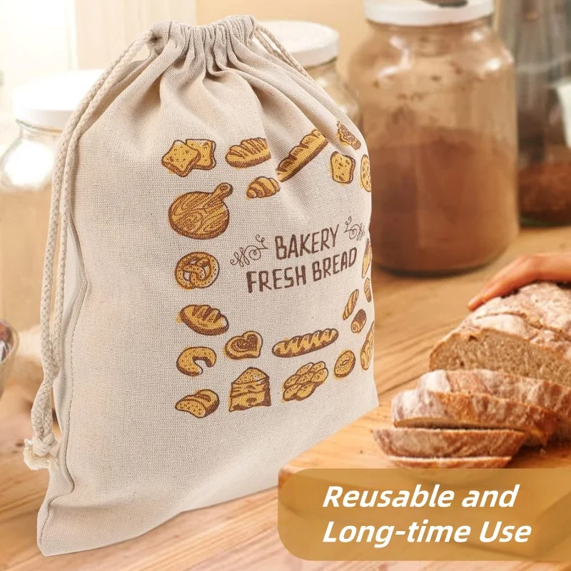Custom 100% Cotton Linen Reusable Bread Bag & Baguette Bag Set Homemade Drawstring Sourdough Bread Bags for Food Storage Wrap factory