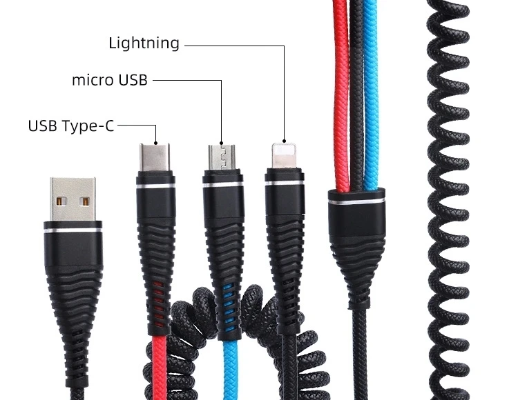 high quality 3 in 1 usb android braided spring data charging cable - ANKUX.COM