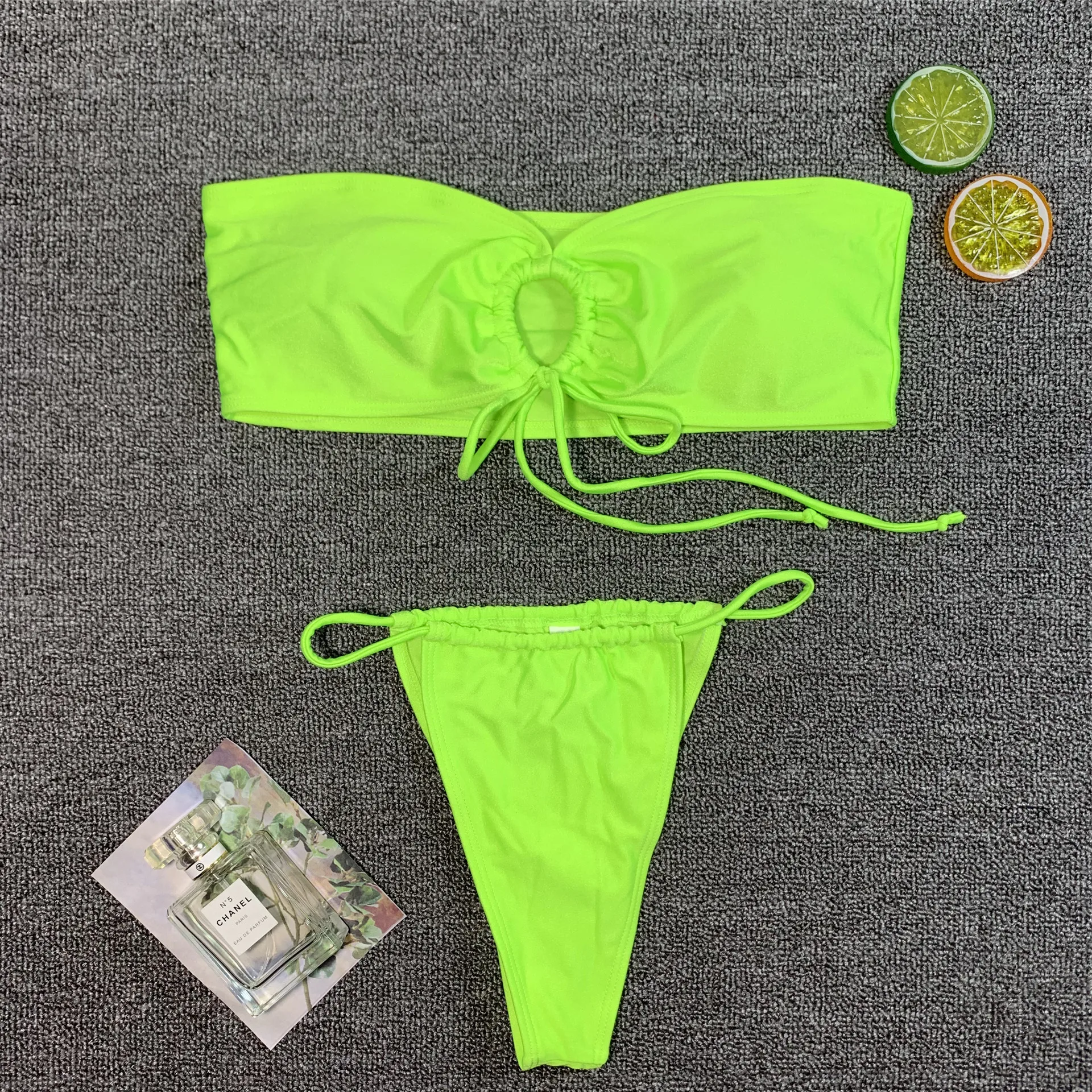 Girls Solid Pink Green Bikini Bandeau Swimwear Micro Bikini Neon Color ...