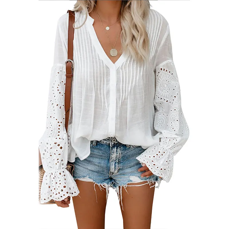 Fashion Women Eyelet Long Sleeve Button Down Blouse Top - Buy Blouse ...