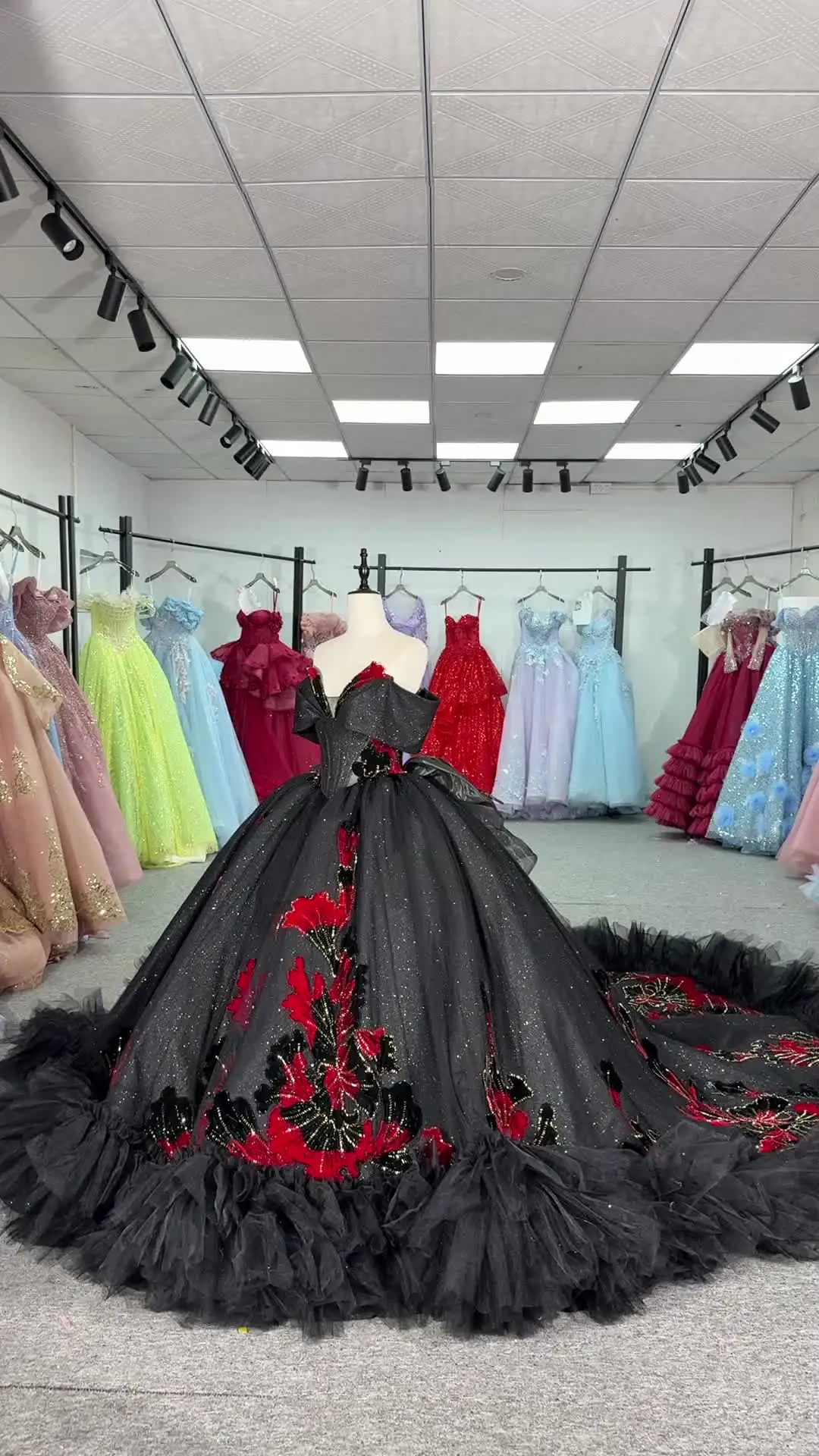red and black quinceanera dresses Black and Red Sparkly Floral Lace Prom Ball Gown Off the Shoulder Quin Viniodress