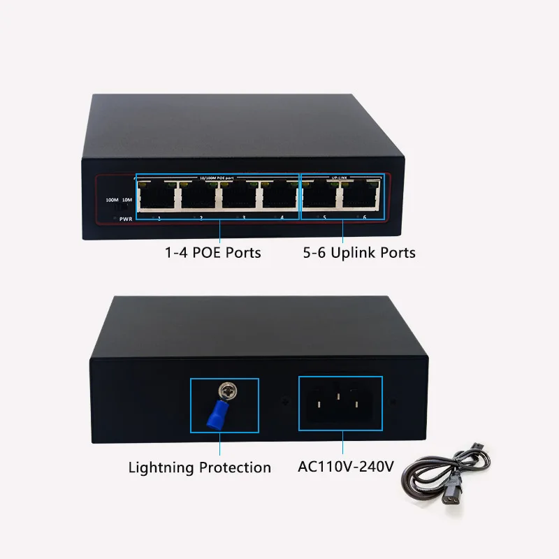 High Quality 12V 24V Poe Switch 60W 10/100Mbps 4 PoE Ports with 2 Uplink Ports Power Over Ethernet supplier