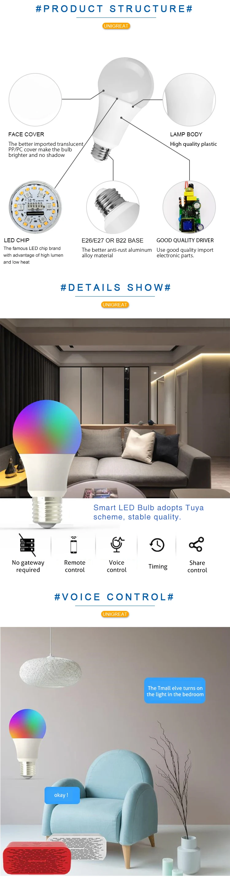 A70 15W E14 E27 Tuya APP Control SMD LED Bulb, Dimmable CCT Adjustable led strip A60 9W RGB Smart WIFI LED Bulb Light E27