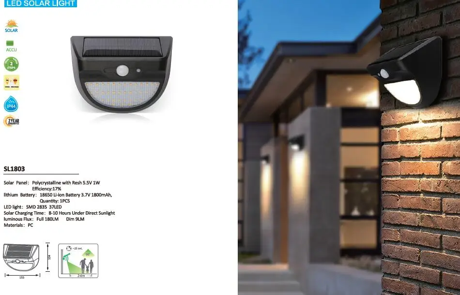 Smart power outdoor IP65 waterproof solar wall light 37 SMD LED solar sensor garden light