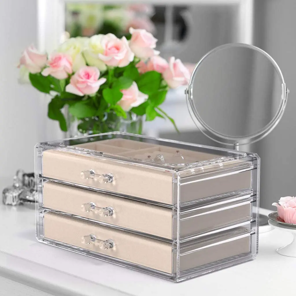 3 Drawers Acrylic Jewelry Box Jewelry Organizer,Velvet Jewelry