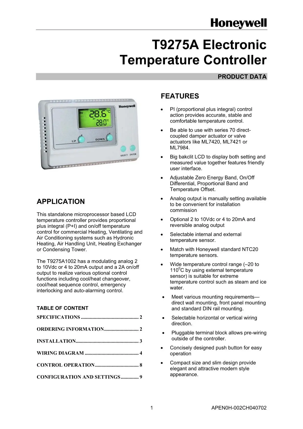 T9275a1002 Digital Temperature Controller, LCD, DDC, HVAC - detail 16