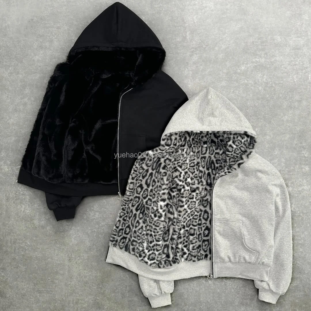 Custom Leopard Print Faux Fur Heavyweight Zip-Up Hoodie for Men