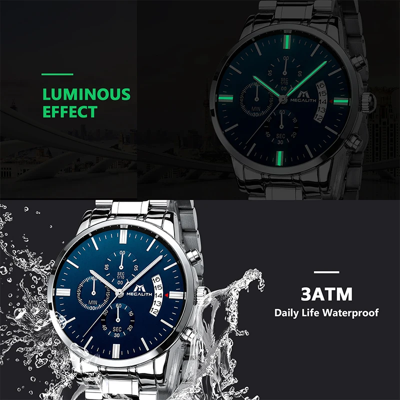 Megalith 0105 Classical Design Wristwatch Shock Resistant Business Sport Watch