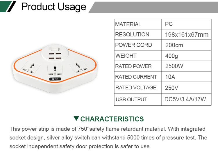 BST-07 smart power strip With 4 USB Extension Socket Plug Multifunctional Fast Charging Power Strip 10A 250V 2500W.jpg