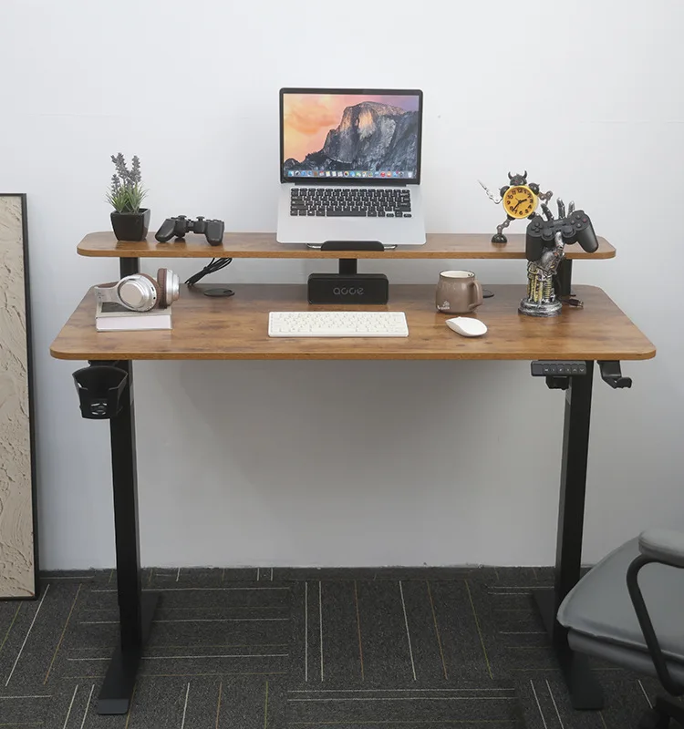 product modern double layer electric lift computer desk adjustable home office study  gaming workbench with iron metal panel wood style-9