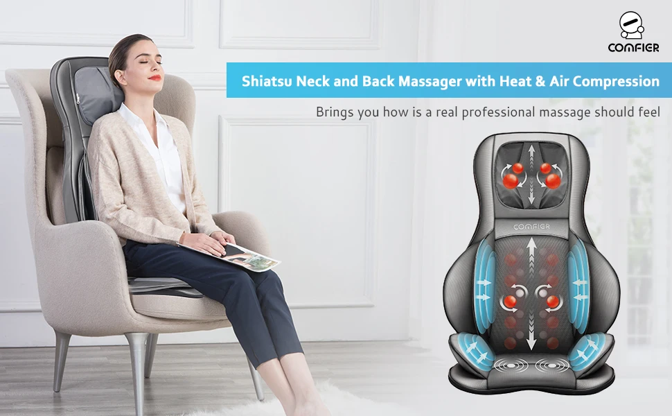 Air Compression Shiatsu Neck & Back Massager Seat w/ Heat, Rolling