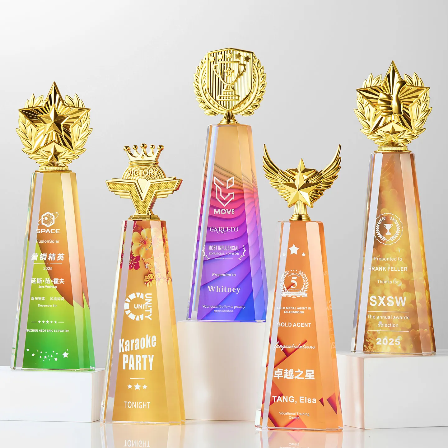 product custom crystal trophies plaques new design corporate gifts uv printing golden stars for other crystal crafts wdy 0418-6