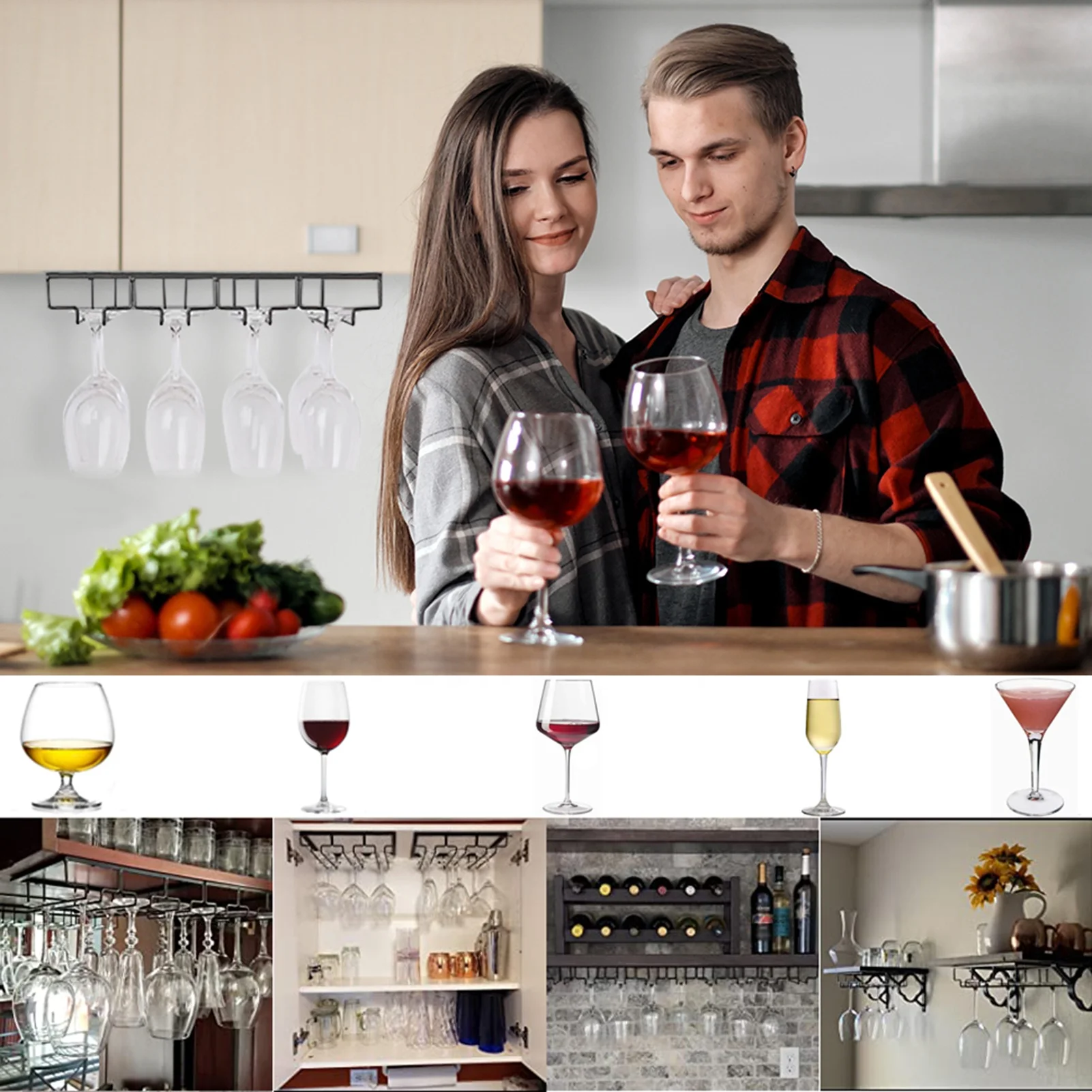 AiJia 304 Stainless Steel Wine Glass Holder Under Cabinet Wine Glass Rack Wine Glass Hanger Stemware Rack 2 Rails